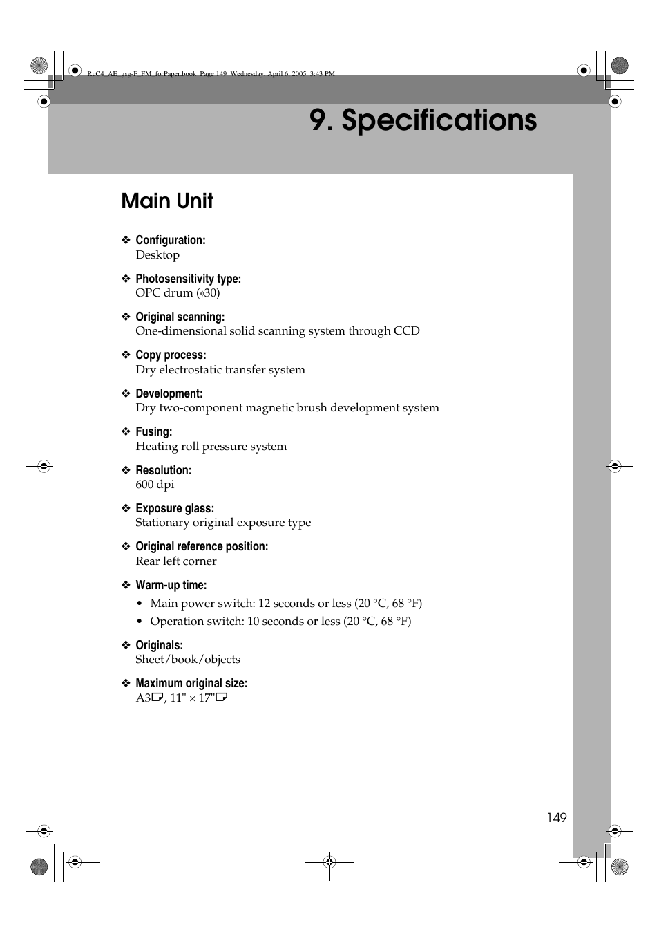 Specifications, Main unit | Ricoh Aficio IS 2225 User Manual | Page 161 / 180