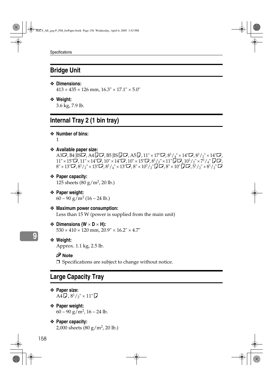 Bridge unit, Internal tray 2 (1 bin tray), Large capacity tray | Ricoh Aficio IS 2225 User Manual | Page 170 / 180