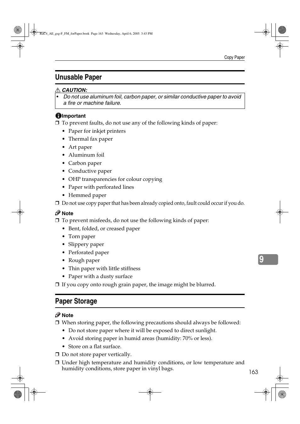 Unusable paper, Paper storage | Ricoh Aficio IS 2225 User Manual | Page 175 / 180