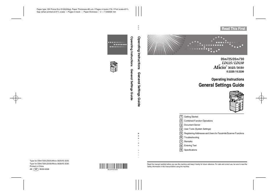 General settings guide, Operating instructions, Operating instruc tio ns general settings guide | Ricoh Aficio IS 2225 User Manual | Page 180 / 180