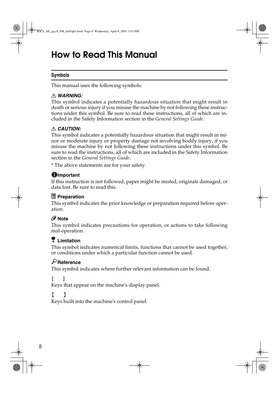 How to read this manual | Ricoh Aficio IS 2225 User Manual | Page 20 / 180