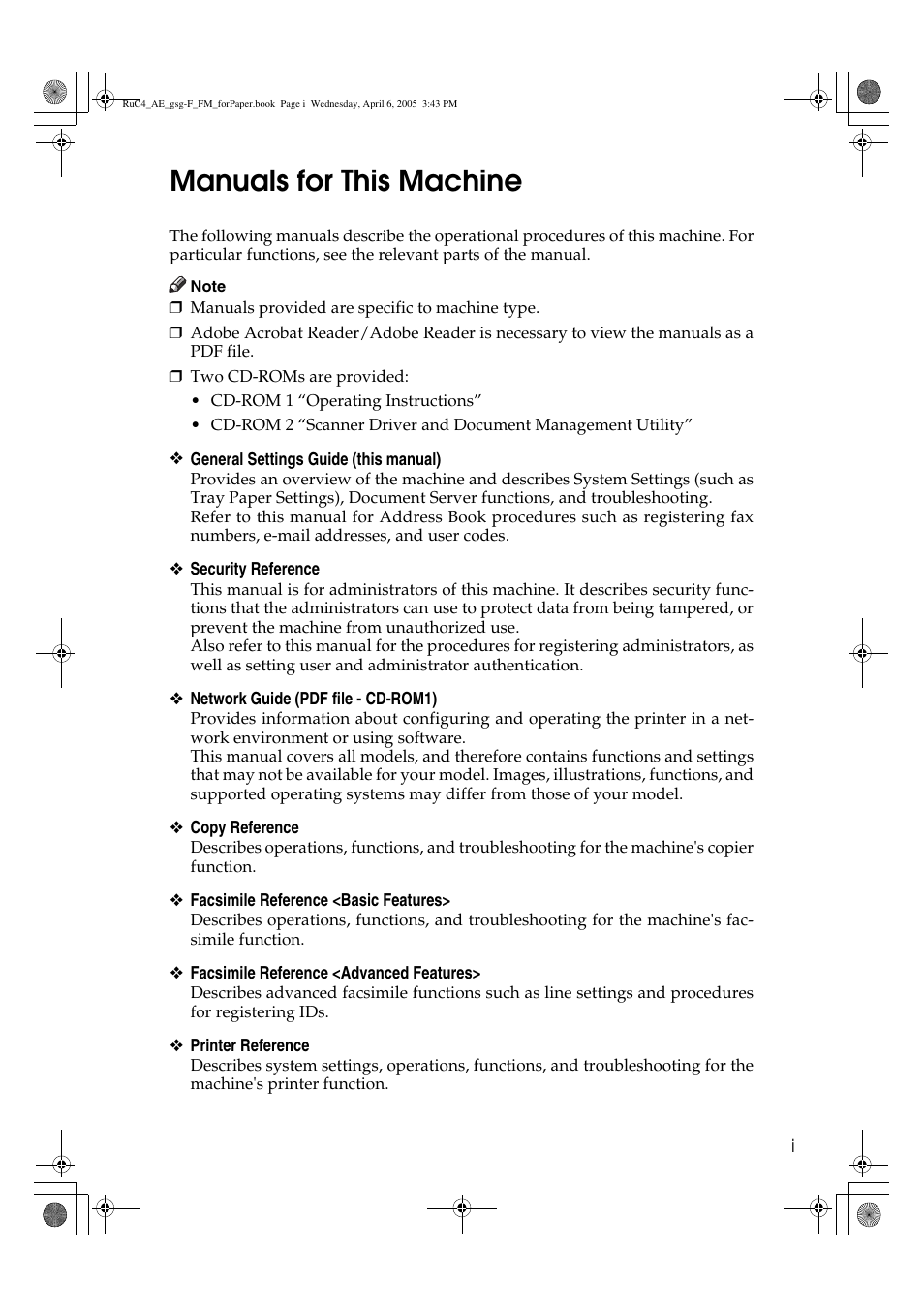 Manuals for this machine | Ricoh Aficio IS 2225 User Manual | Page 3 / 180