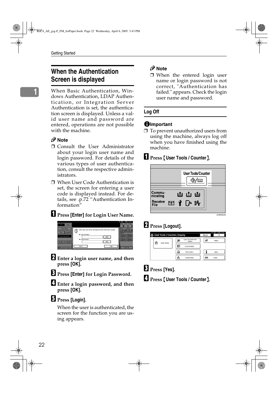 When the authentication screen is displayed | Ricoh Aficio IS 2225 User Manual | Page 34 / 180