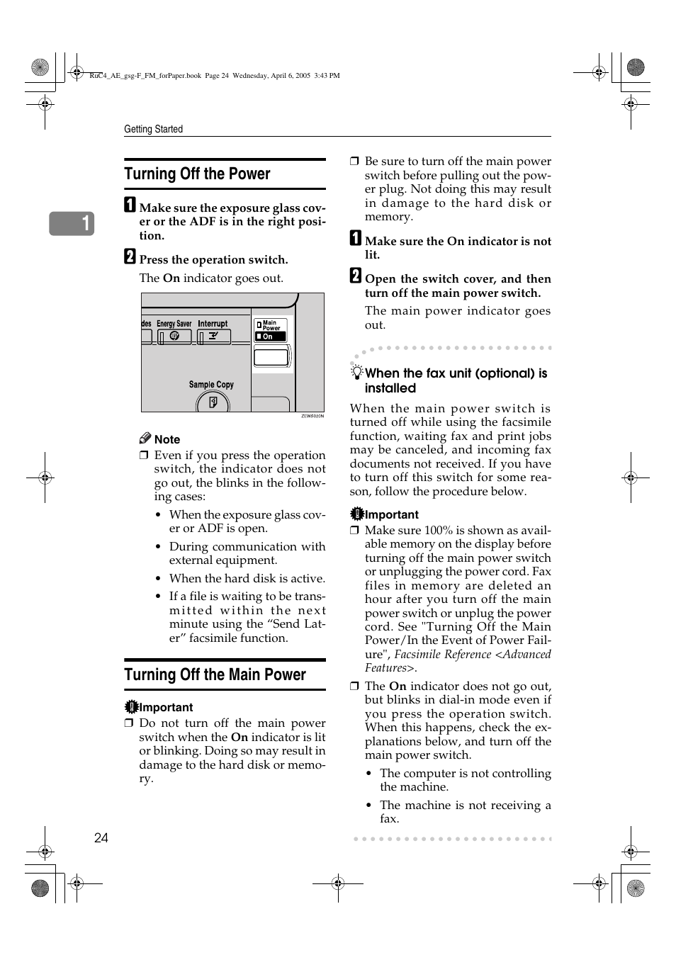 Turning off the power, Turning off the main power | Ricoh Aficio IS 2225 User Manual | Page 36 / 180