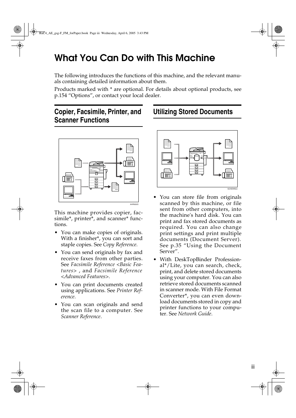 What you can do with this machine, Copier, facsimile, printer, and scanner functions, Utilizing stored documents | Ricoh Aficio IS 2225 User Manual | Page 5 / 180