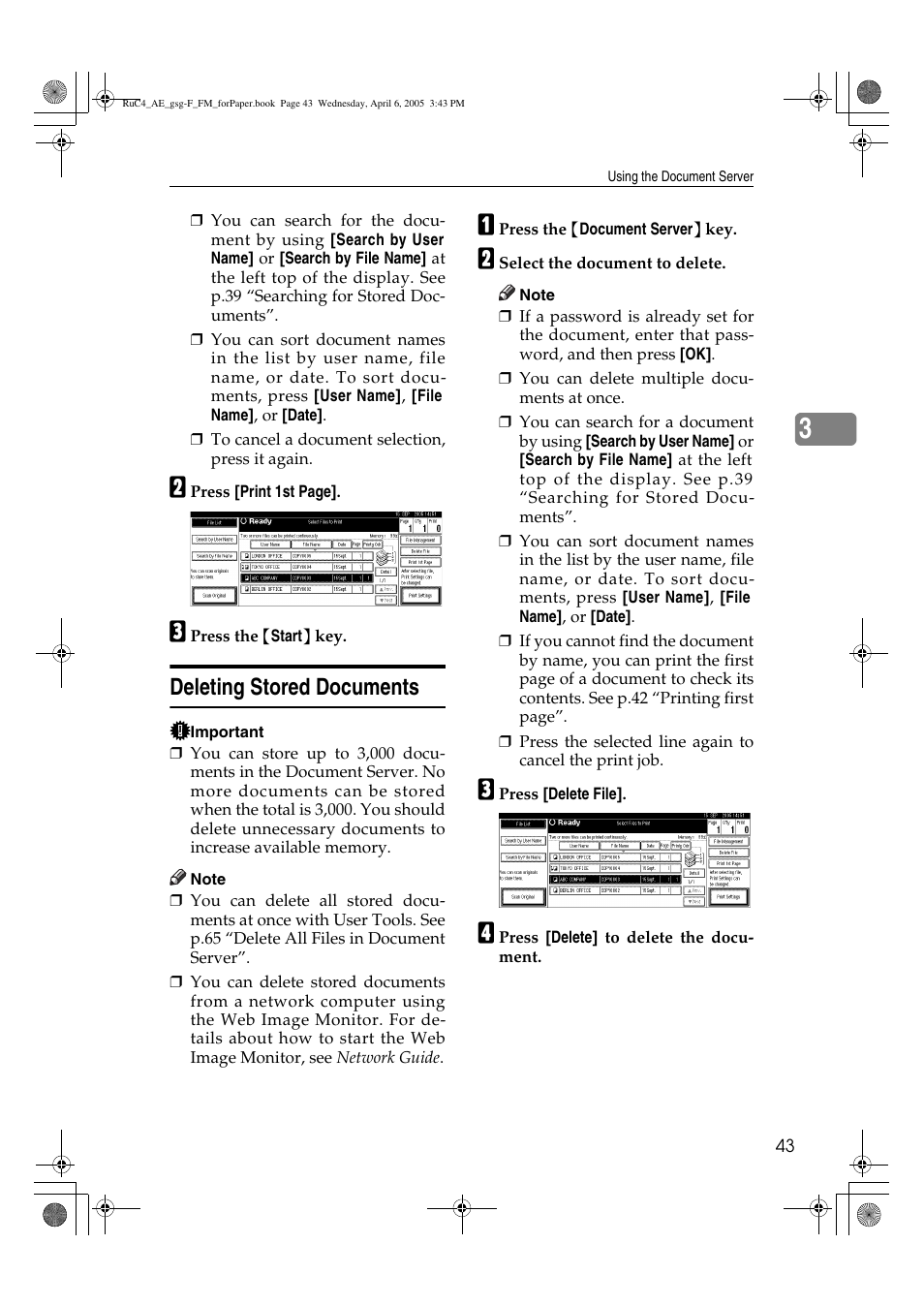 Deleting stored documents | Ricoh Aficio IS 2225 User Manual | Page 55 / 180