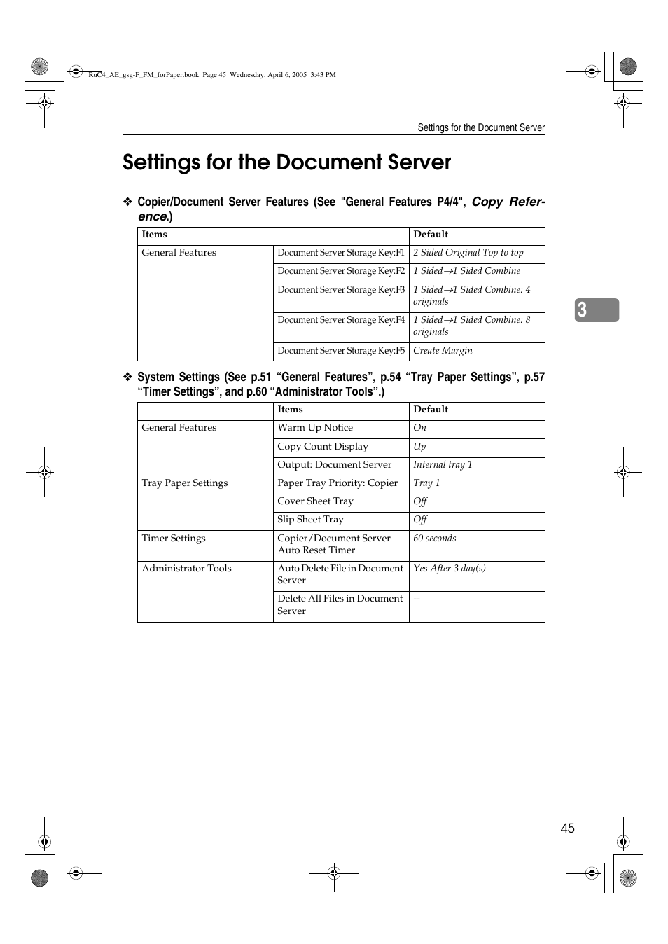 3settings for the document server | Ricoh Aficio IS 2225 User Manual | Page 57 / 180