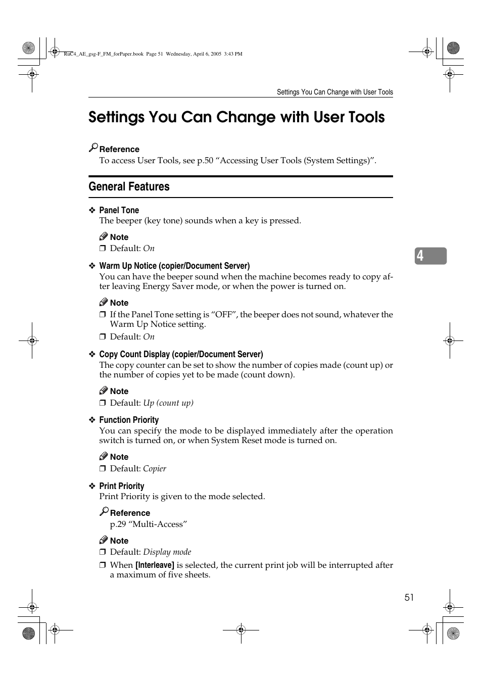 4settings you can change with user tools, General features | Ricoh Aficio IS 2225 User Manual | Page 63 / 180