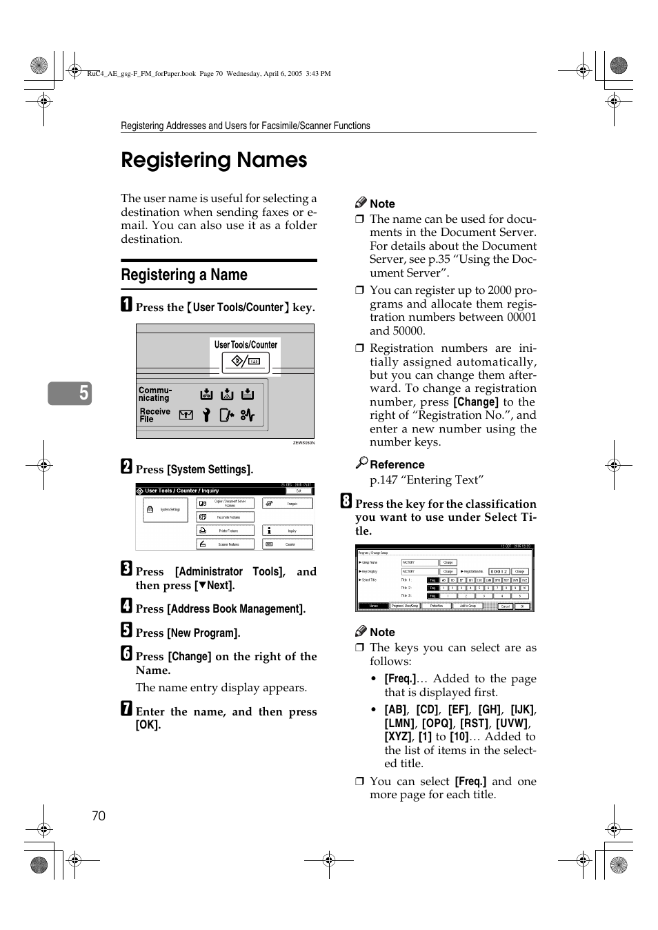 5registering names, Registering a name | Ricoh Aficio IS 2225 User Manual | Page 82 / 180