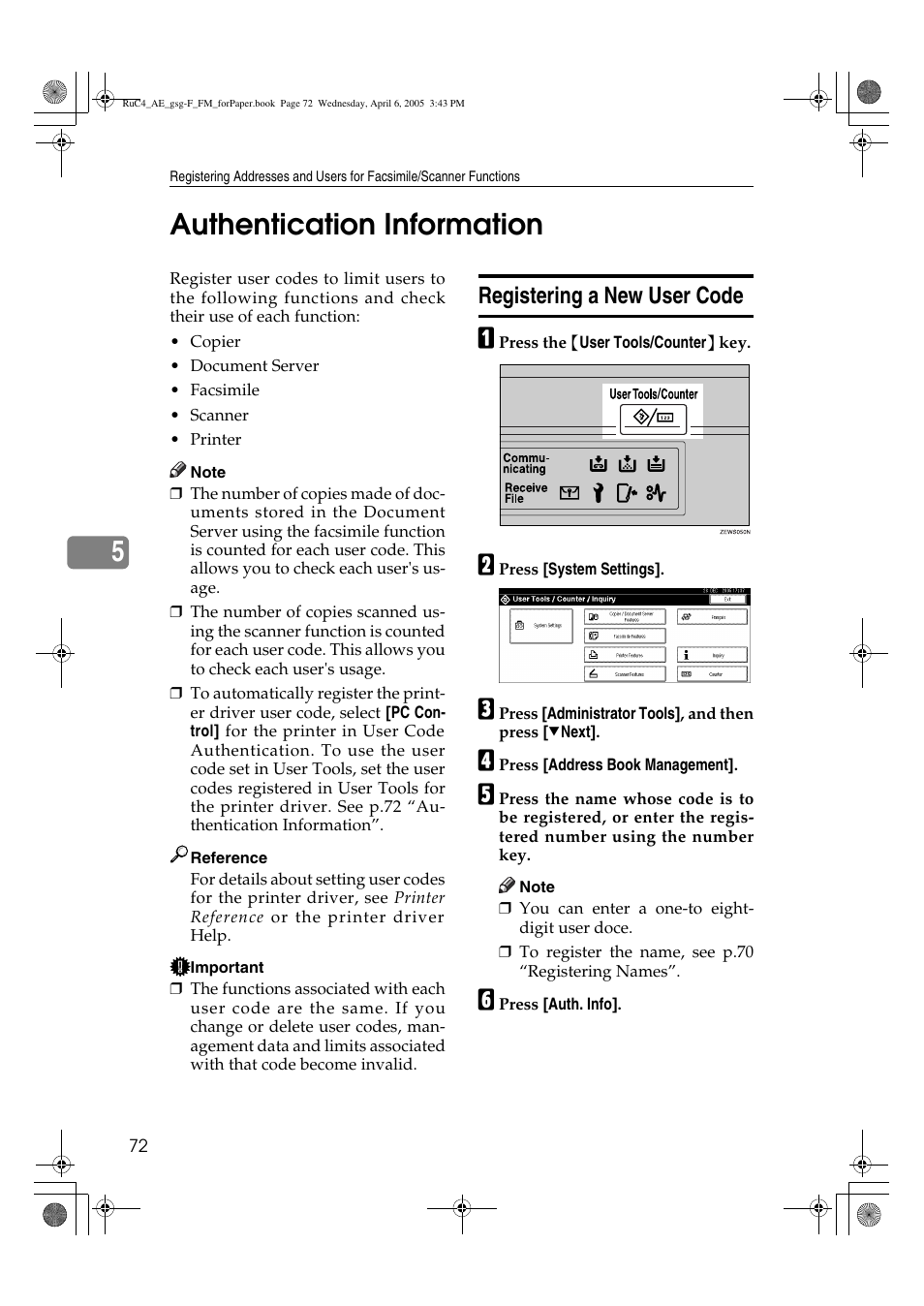 5authentication information, Registering a new user code | Ricoh Aficio IS 2225 User Manual | Page 84 / 180