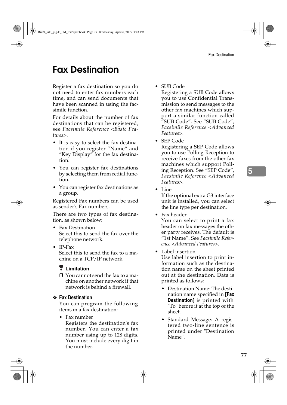 5fax destination | Ricoh Aficio IS 2225 User Manual | Page 89 / 180