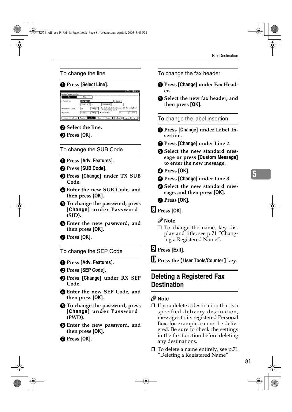 Deleting a registered fax destination | Ricoh Aficio IS 2225 User Manual | Page 93 / 180