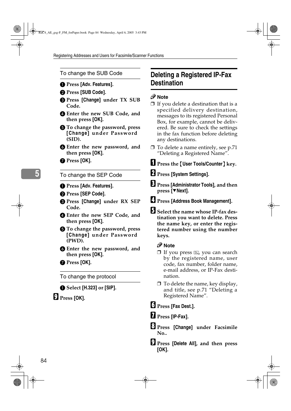 Deleting a registered ip-fax destination | Ricoh Aficio IS 2225 User Manual | Page 96 / 180