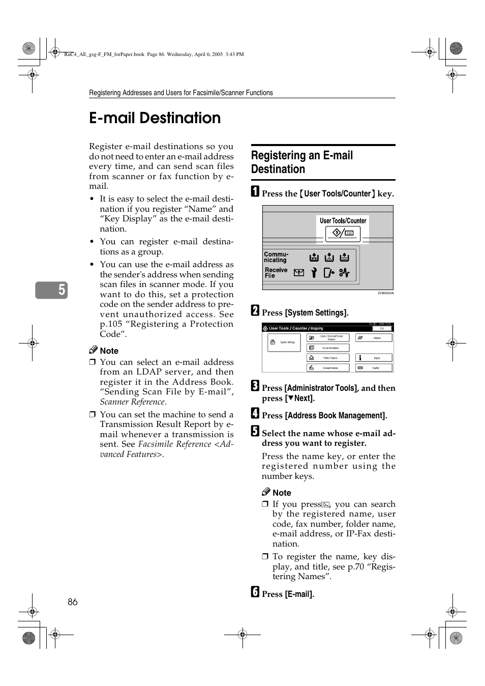 5e-mail destination, Registering an e-mail destination | Ricoh Aficio IS 2225 User Manual | Page 98 / 180