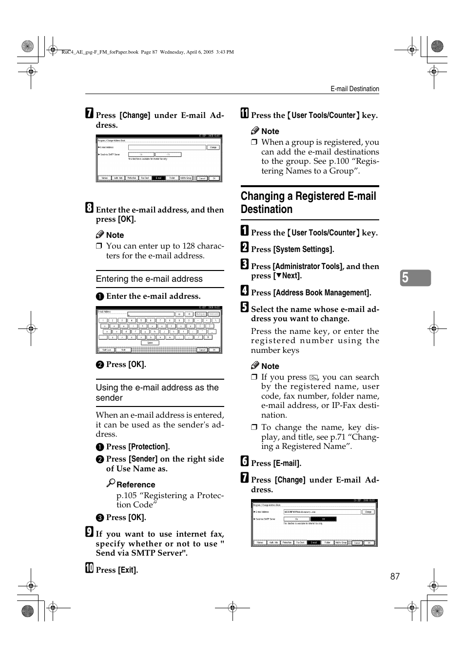 Changing a registered e-mail destination | Ricoh Aficio IS 2225 User Manual | Page 99 / 180