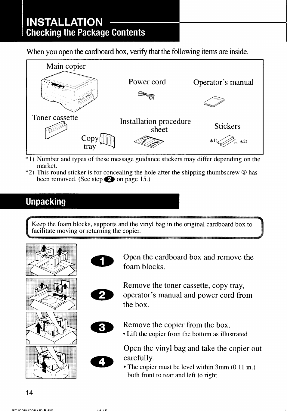 Installation, Checking the package contents, Unpacking | Ricoh FT 1008 User Manual | Page 13 / 65
