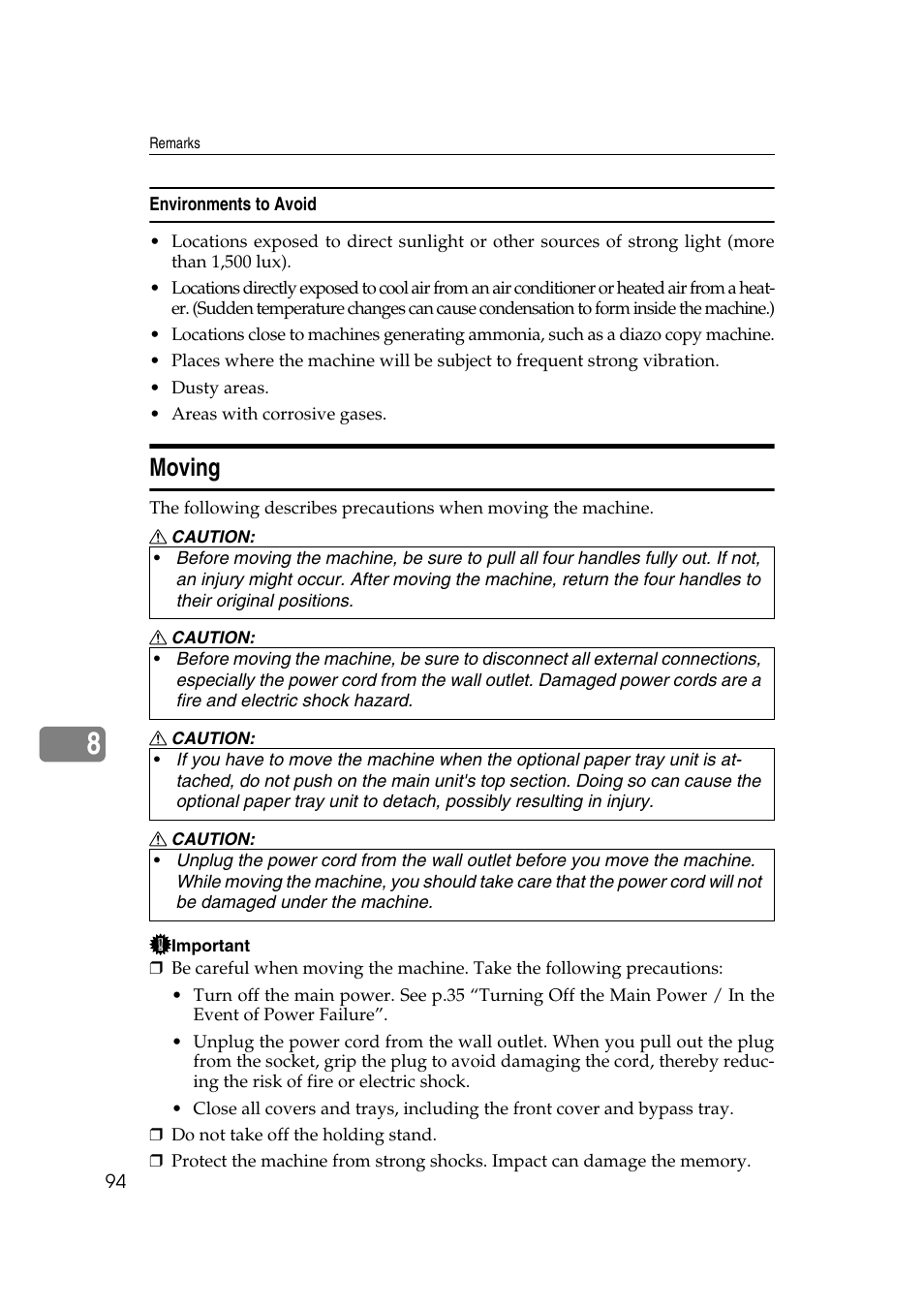 Environments to avoid, Moving | Ricoh Aficio RPCS MP 2000 User Manual | Page 100 / 108