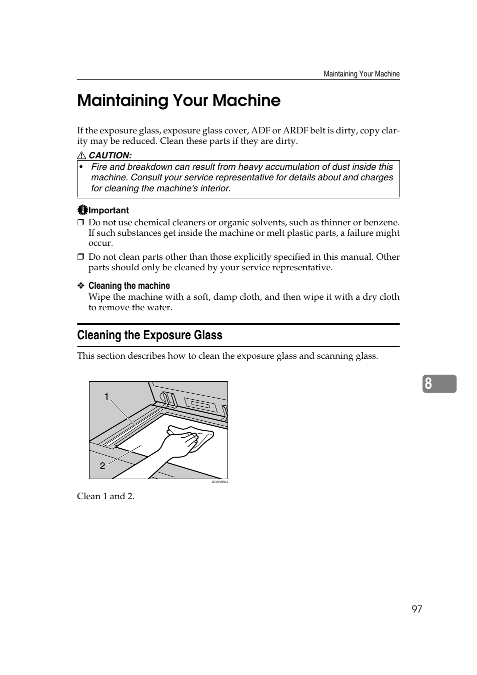 Maintaining your machine, Cleaning the exposure glass, 8maintaining your machine | Ricoh Aficio RPCS MP 2000 User Manual | Page 103 / 108