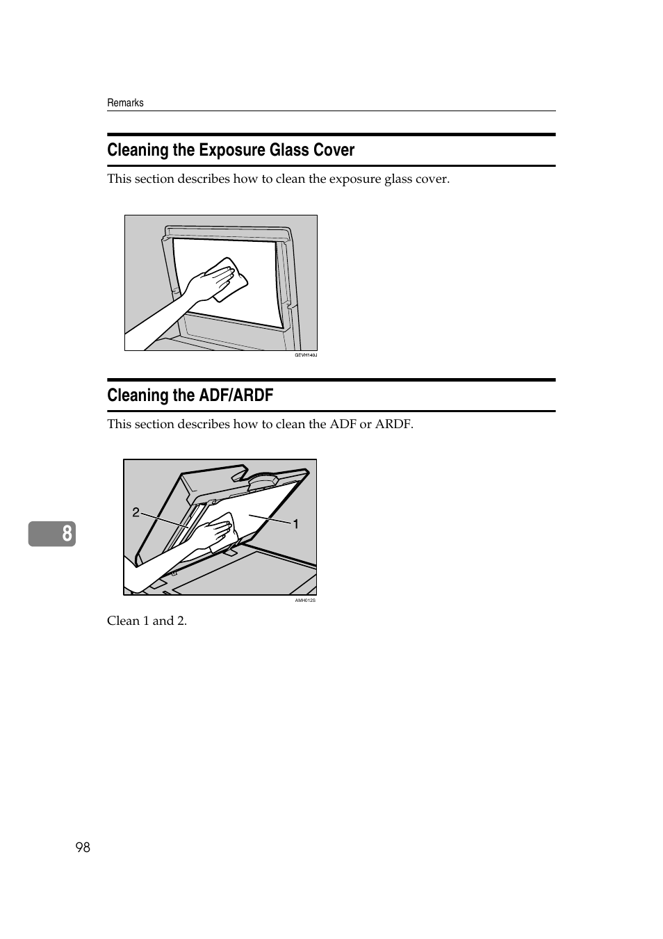 Cleaning the exposure glass cover, Cleaning the adf/ardf | Ricoh Aficio RPCS MP 2000 User Manual | Page 104 / 108
