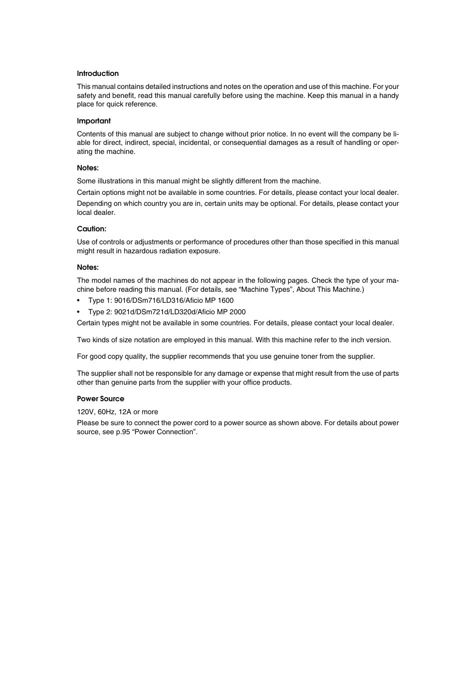 Introduction, Important, Notes | Caution, Power source | Ricoh Aficio RPCS MP 2000 User Manual | Page 2 / 108
