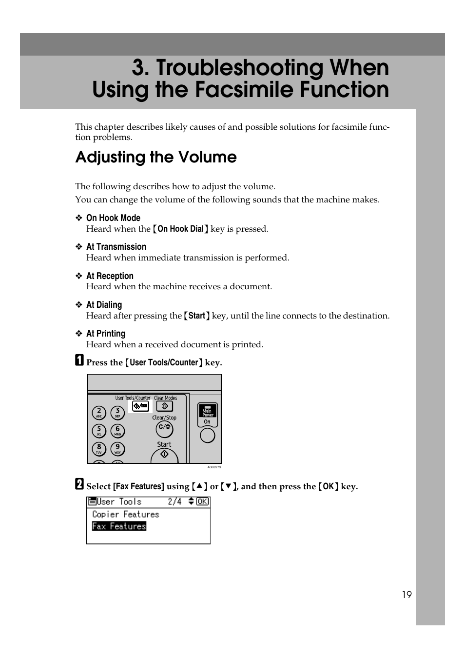 Adjusting the volume, Troubleshooting when using the facsimile function | Ricoh Aficio RPCS MP 2000 User Manual | Page 25 / 108