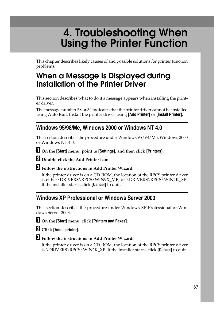  troubleshooting when using the printer function, Windows 95/98/me, windows 2000 or windows nt 4.0, Windows xp professional or windows server 2003 | Troubleshooting when using the printer function | Ricoh Aficio RPCS MP 2000 User Manual | Page 43 / 108