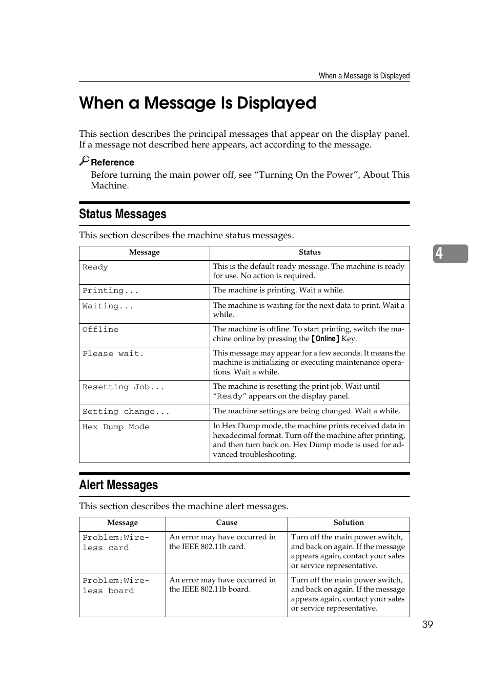 When a message is displayed, Status messages, Alert messages | Status messages alert messages, 4when a message is displayed | Ricoh Aficio RPCS MP 2000 User Manual | Page 45 / 108