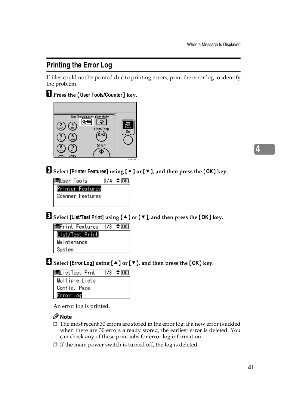 Printing the error log | Ricoh Aficio RPCS MP 2000 User Manual | Page 47 / 108