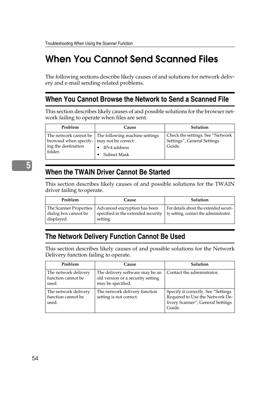When you cannot send scanned files, When the twain driver cannot be started, The network delivery function cannot be used | 5when you cannot send scanned files | Ricoh Aficio RPCS MP 2000 User Manual | Page 60 / 108