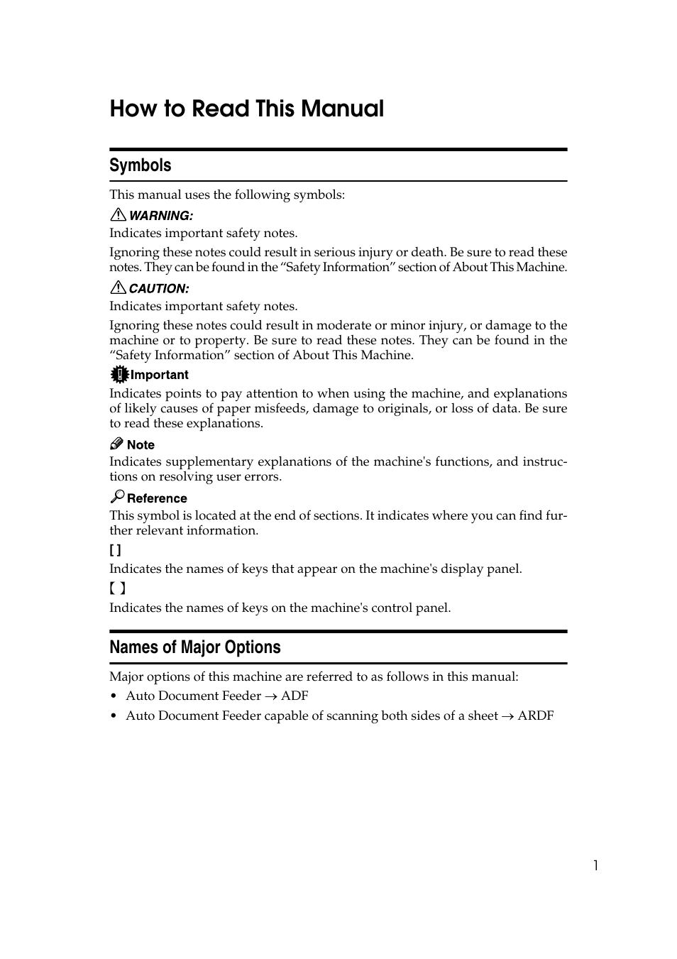 How to read this manual, Symbols, Names of major options | Symbols names of major options | Ricoh Aficio RPCS MP 2000 User Manual | Page 7 / 108