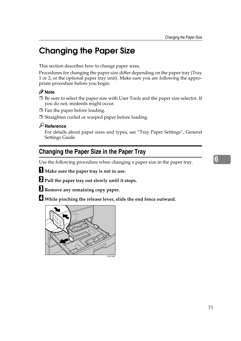 Changing the paper size, Changing the paper size in the paper tray, See p.71 “changing the paper size | P.71 “changing the paper size, 6changing the paper size | Ricoh Aficio RPCS MP 2000 User Manual | Page 77 / 108