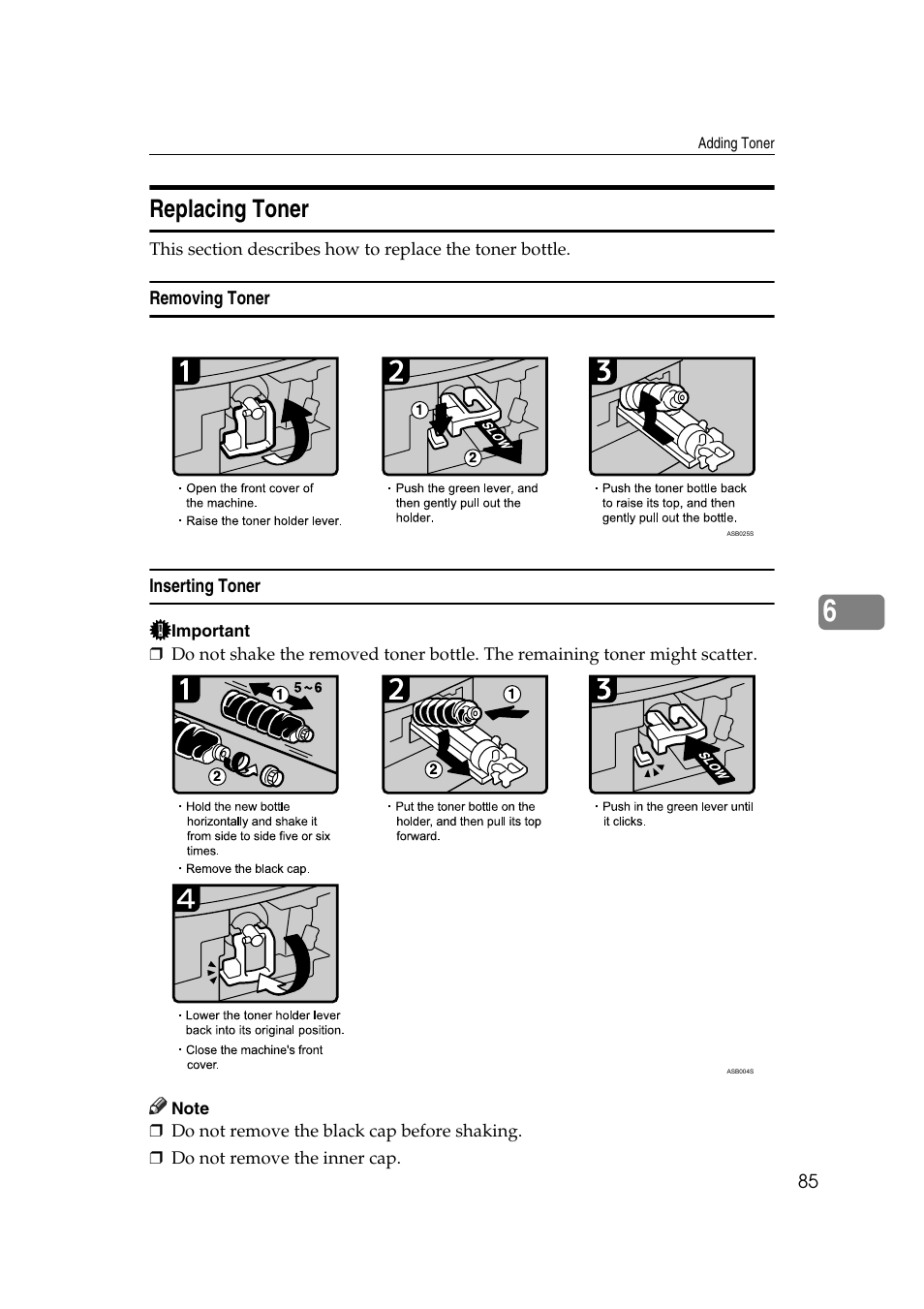 Replacing toner, Removing toner, Inserting toner | Ricoh Aficio RPCS MP 2000 User Manual | Page 91 / 108