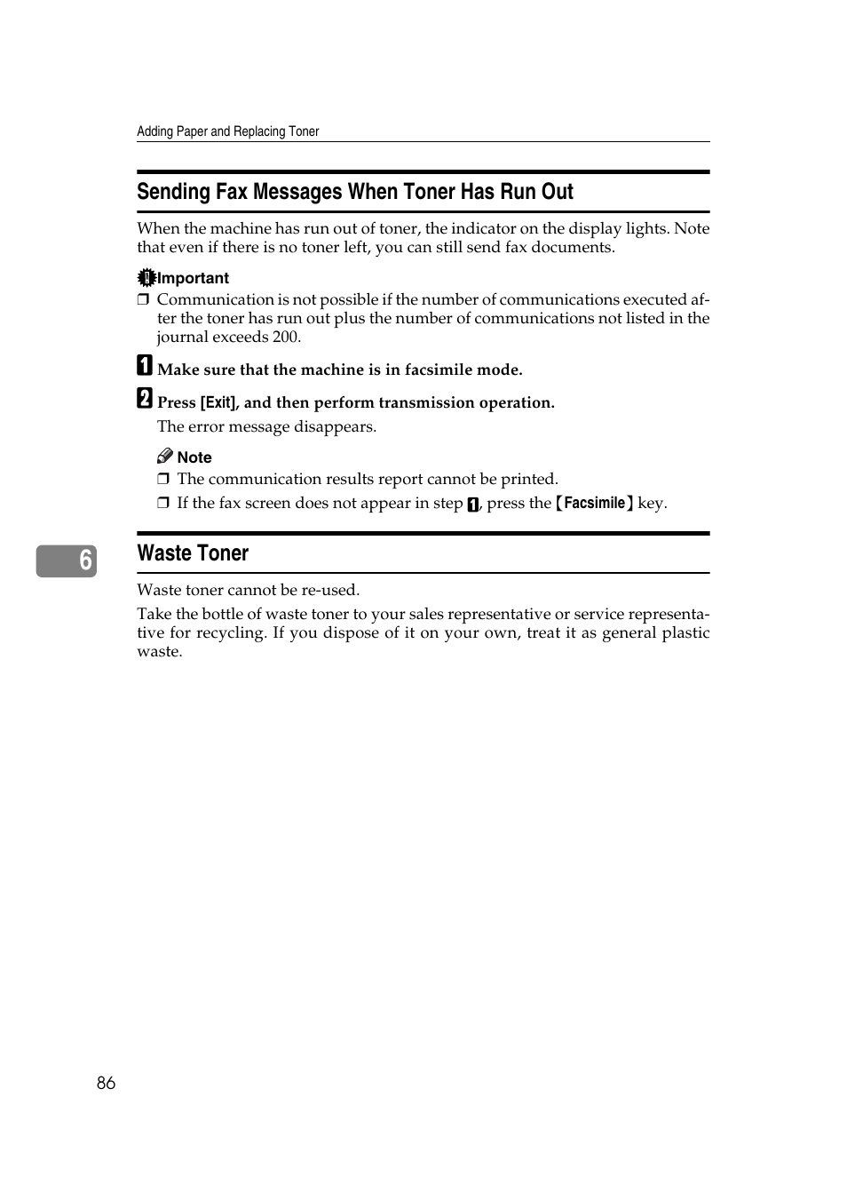 Sending fax messages when toner has run out, Waste toner | Ricoh Aficio RPCS MP 2000 User Manual | Page 92 / 108
