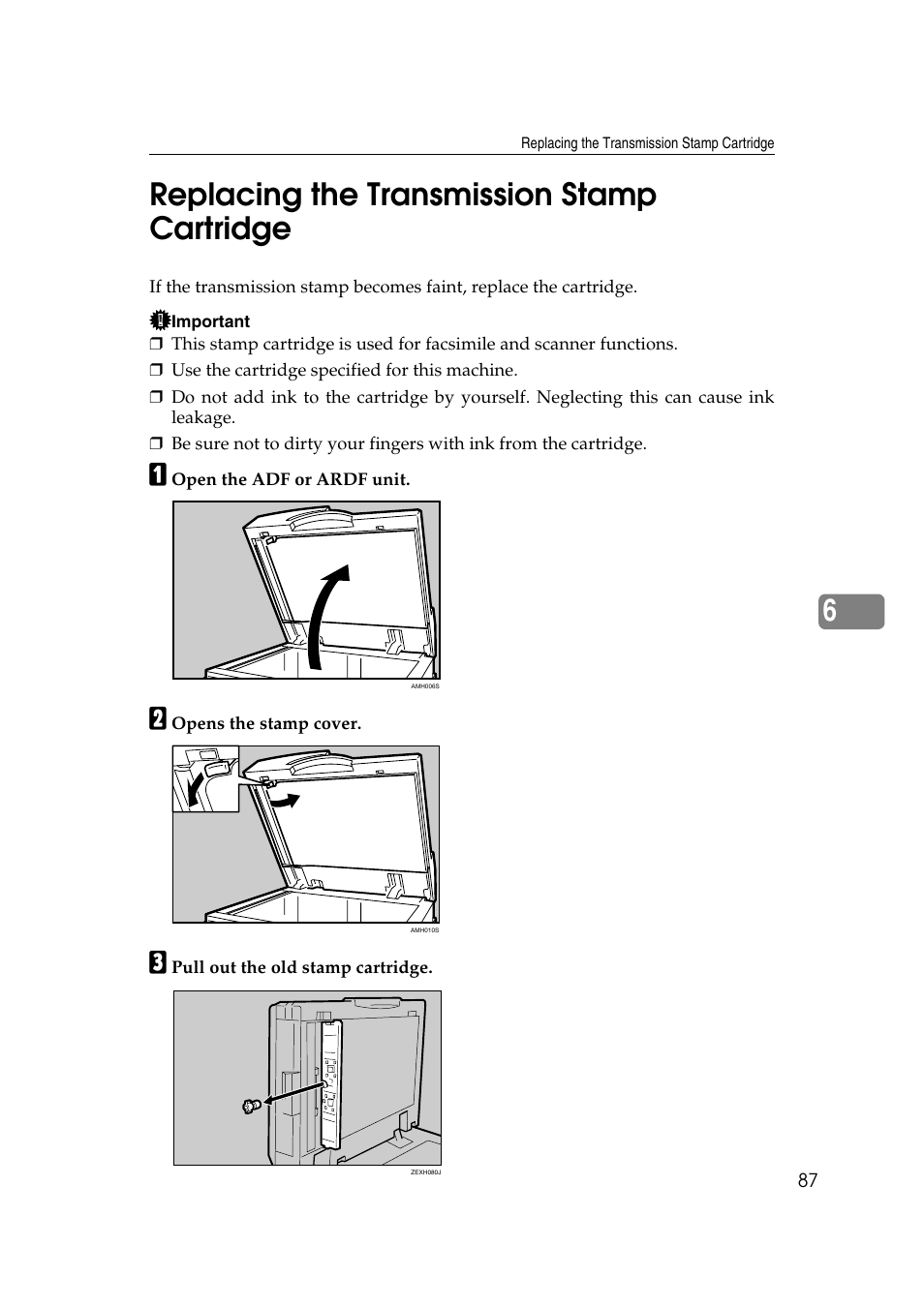 Replacing the transmission stamp cartridge, 6replacing the transmission stamp cartridge | Ricoh Aficio RPCS MP 2000 User Manual | Page 93 / 108