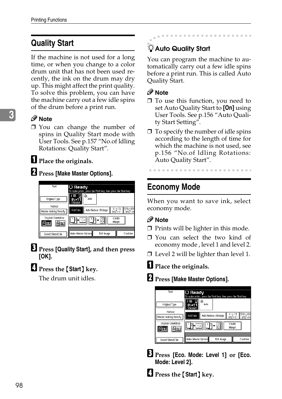 Quality start, Economy mode, P.98 “quality start | P.98 “economy mode, Quality start economy mode | Ricoh LDD280 User Manual | Page 110 / 204