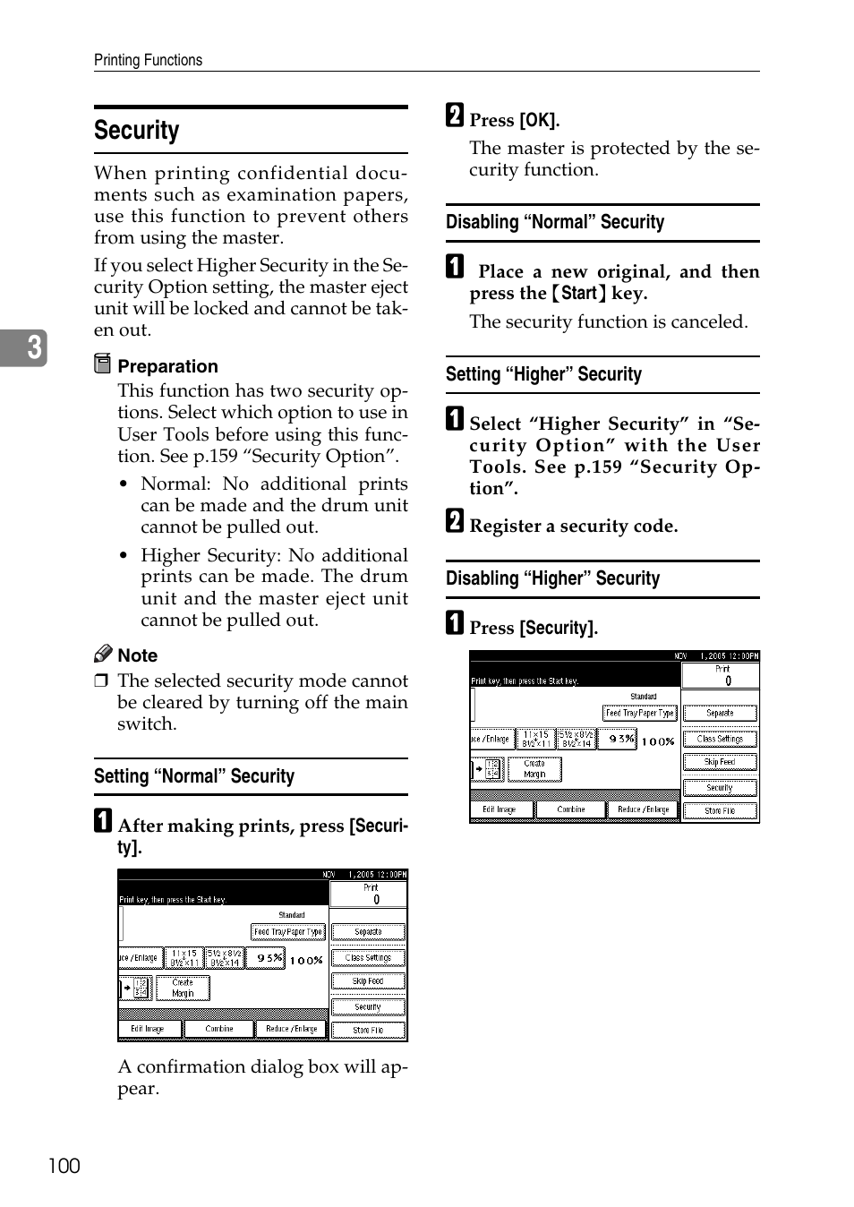 Security, Setting “normal” security, Disabling “normal” security | Setting “higher” security, Disabling “higher” security, P.100 “security | Ricoh LDD280 User Manual | Page 112 / 204