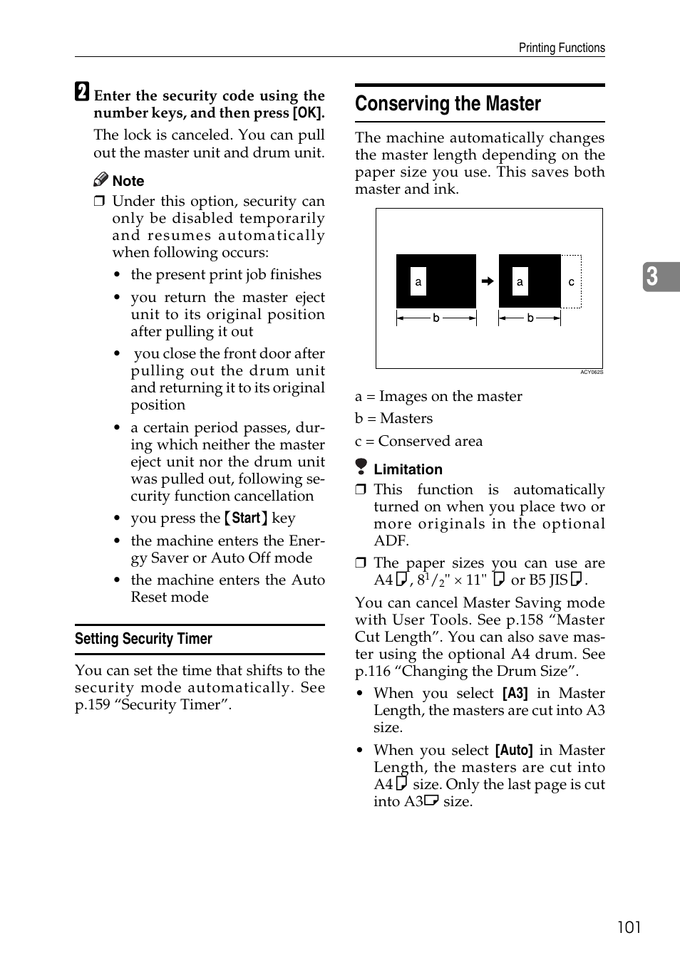 Setting security timer, Conserving the master, See p.101 “conserving the mas- ter | Ricoh LDD280 User Manual | Page 113 / 204