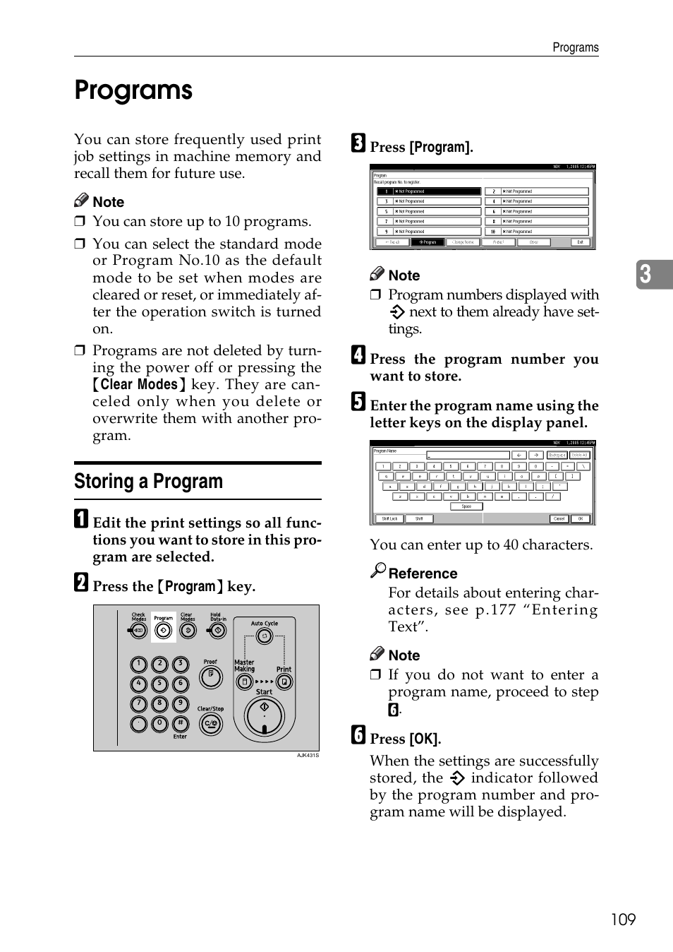 Programs, Storing a program, P.109 “programs | 3programs | Ricoh LDD280 User Manual | Page 121 / 204