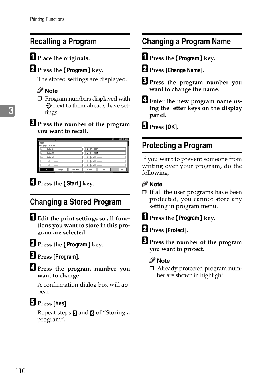 Recalling a program, Changing a stored program, Changing a program name | Protecting a program | Ricoh LDD280 User Manual | Page 122 / 204