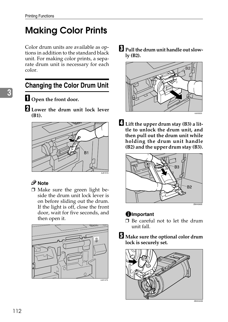 Making color prints, Changing the color drum unit, P.112 “making color prints | 3making color prints | Ricoh LDD280 User Manual | Page 124 / 204