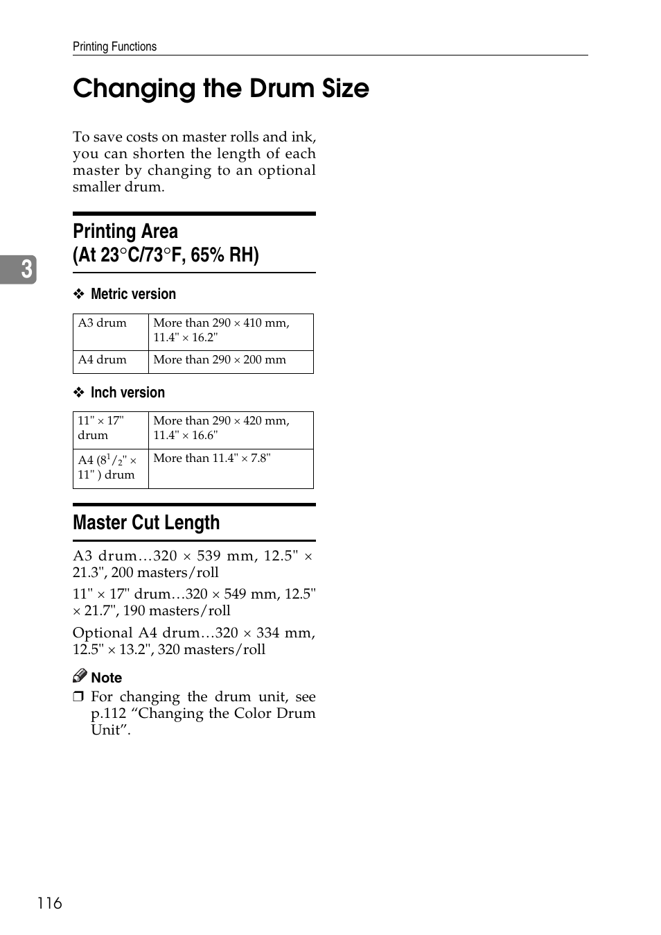 Changing the drum size, Printing area (at 23°c/73°f, 65% rh), Master cut length | P.116 “changing the drum size, Printing area (at 23, C/73°f, 65% rh), 3changing the drum size | Ricoh LDD280 User Manual | Page 128 / 204