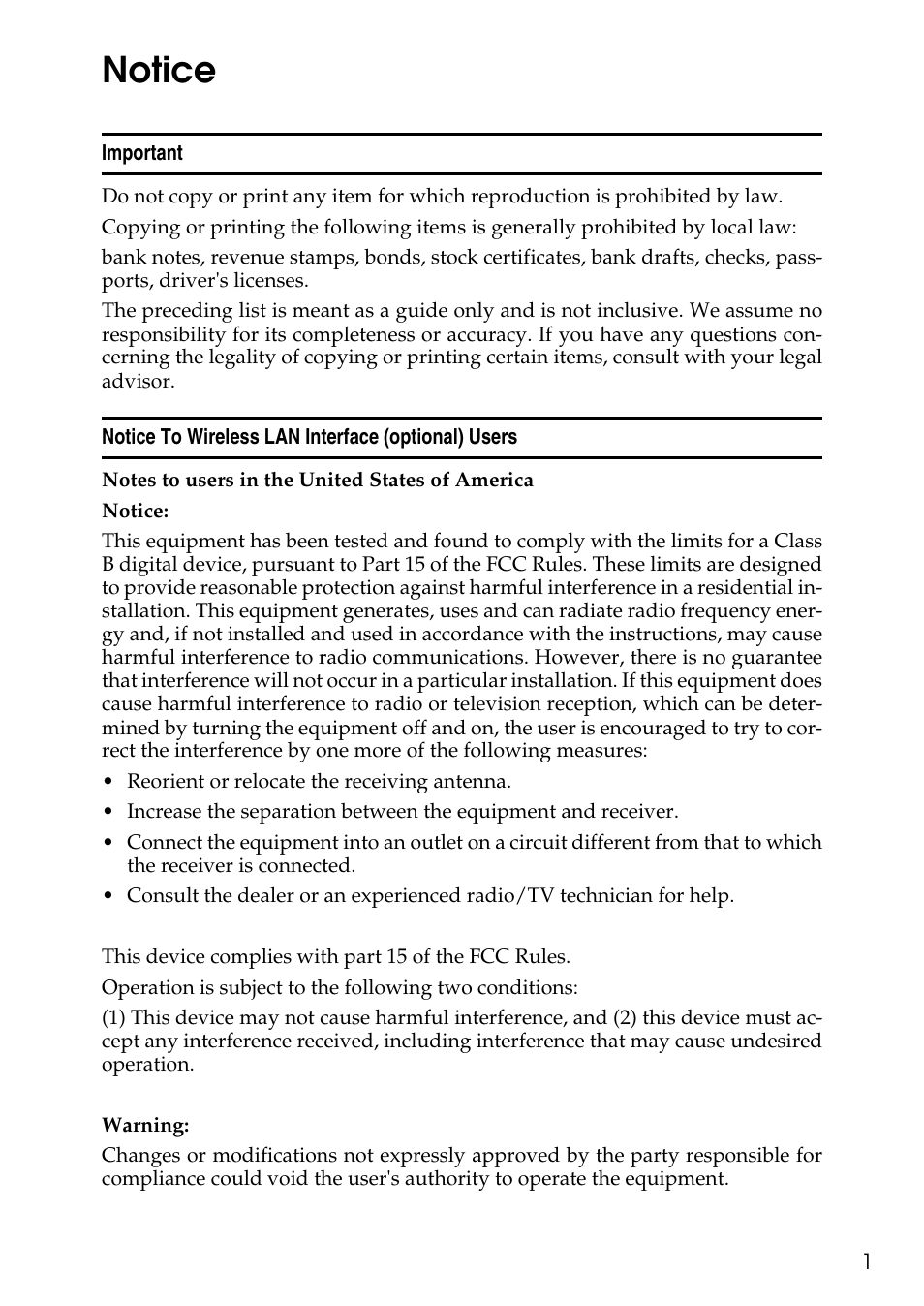 Notice, Important, Notice to wireless lan interface (optional) users | Ricoh LDD280 User Manual | Page 13 / 204