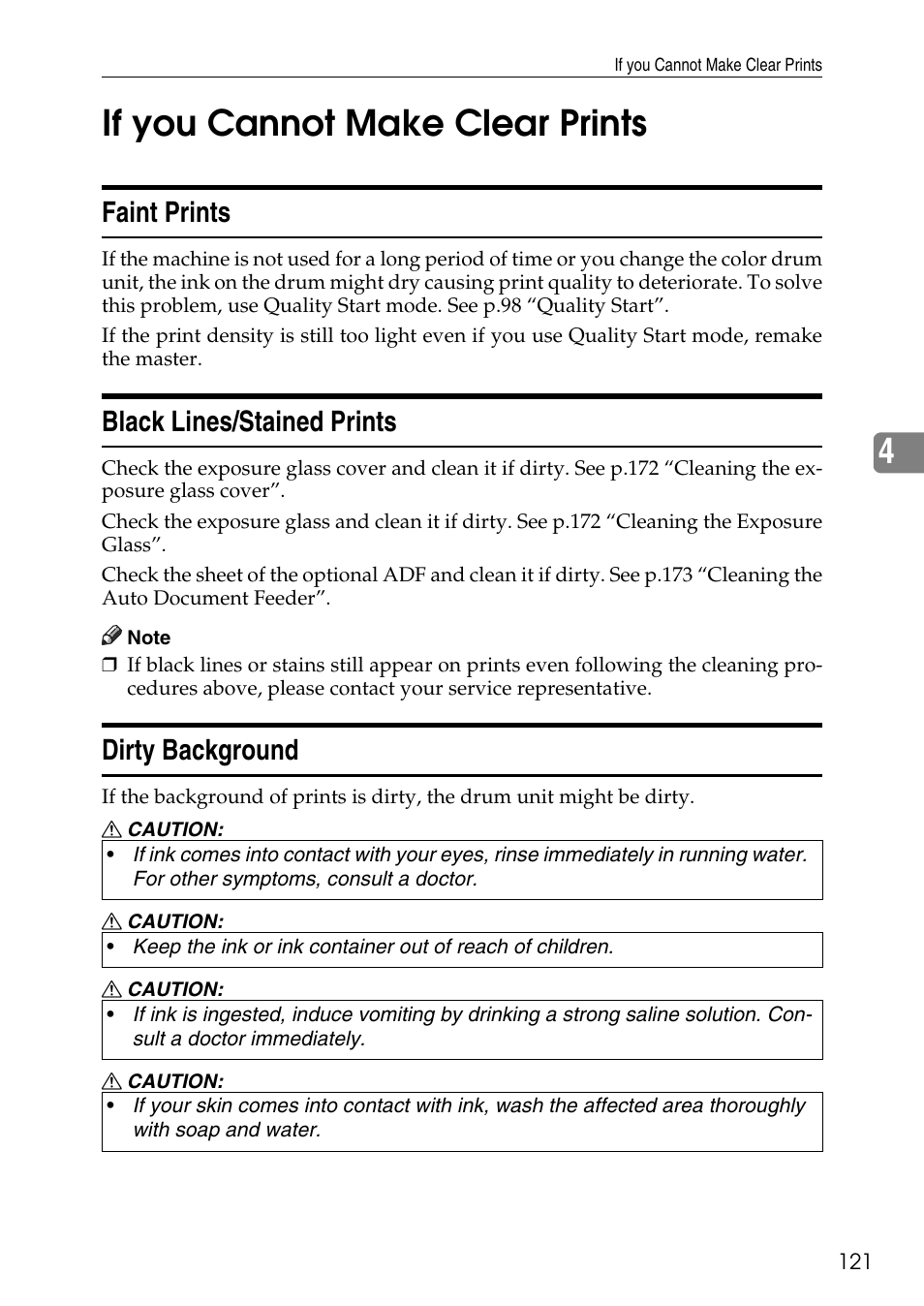 If you cannot make clear prints, Faint prints, Black lines/stained prints | Dirty background, 4if you cannot make clear prints | Ricoh LDD280 User Manual | Page 133 / 204