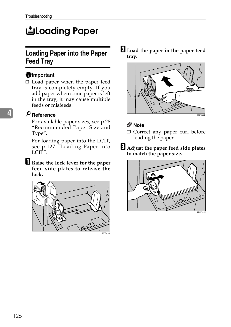 Loading paper, Loading paper into the paper feed tray, B loading paper | P.126 “bloading paper, 4b loading paper | Ricoh LDD280 User Manual | Page 138 / 204