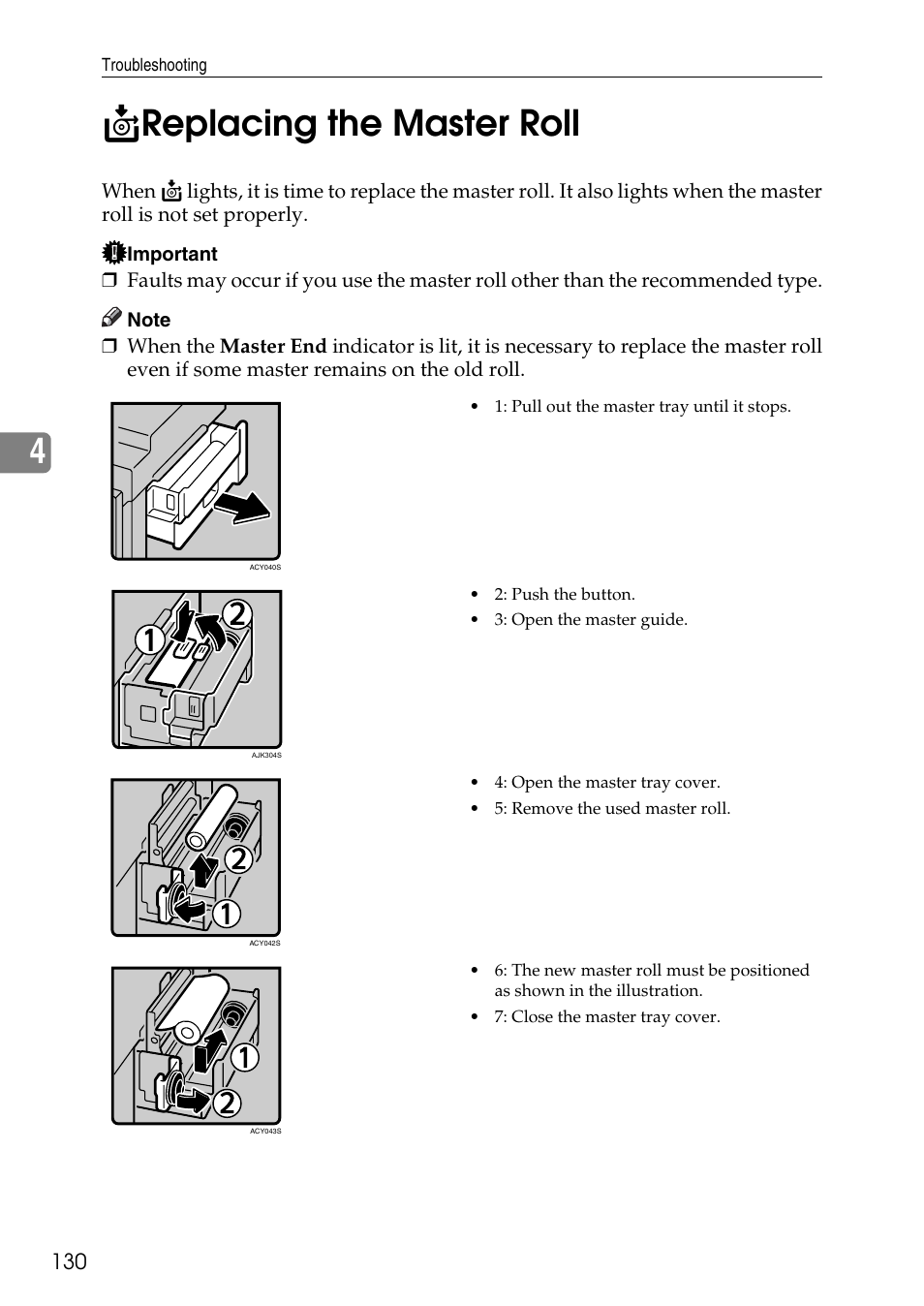 Replacing the master roll, C replacing the master roll, E p.130 “creplacing the master roll | 4c replacing the master roll | Ricoh LDD280 User Manual | Page 142 / 204