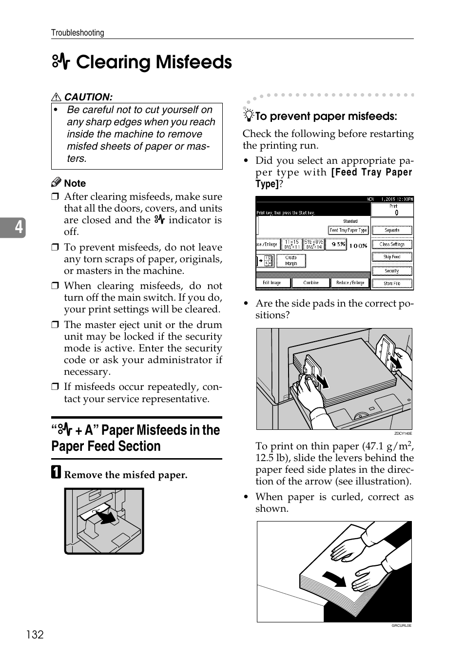 Clearing misfeeds, A” paper misfeeds in the paper feed section, X clearing misfeeds | X + a” paper misfeeds in the paper feed section, Misfeed indicator. see p.132 “x clearing misfeeds, See p.132 “x clearing misfeeds, 4x clearing misfeeds | Ricoh LDD280 User Manual | Page 144 / 204