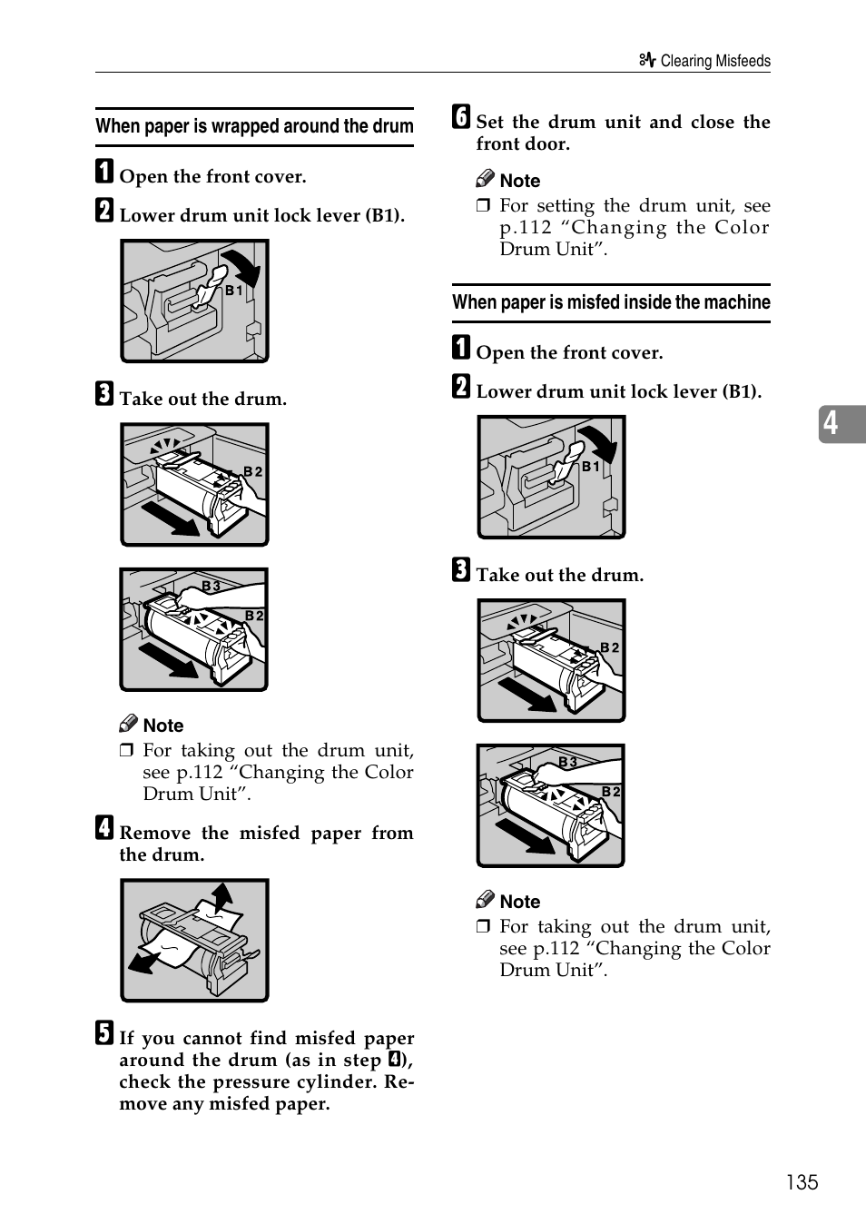 When paper is wrapped around the drum, When paper is misfed inside the machine | Ricoh LDD280 User Manual | Page 147 / 204