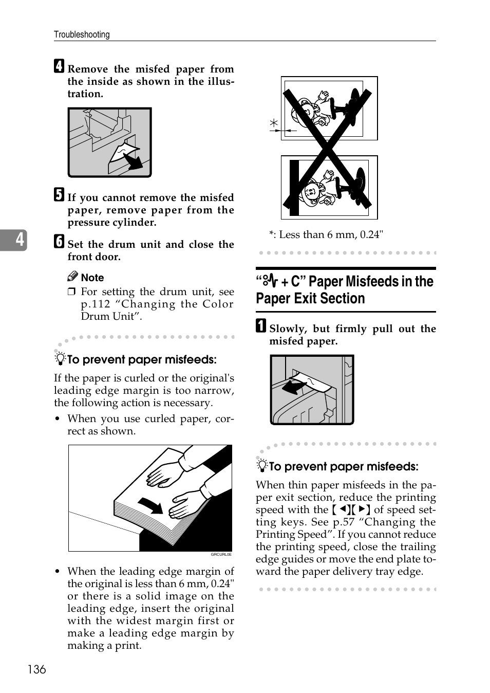 C” paper misfeeds in the paper exit section, X + c” paper misfeeds in the paper exit section | Ricoh LDD280 User Manual | Page 148 / 204