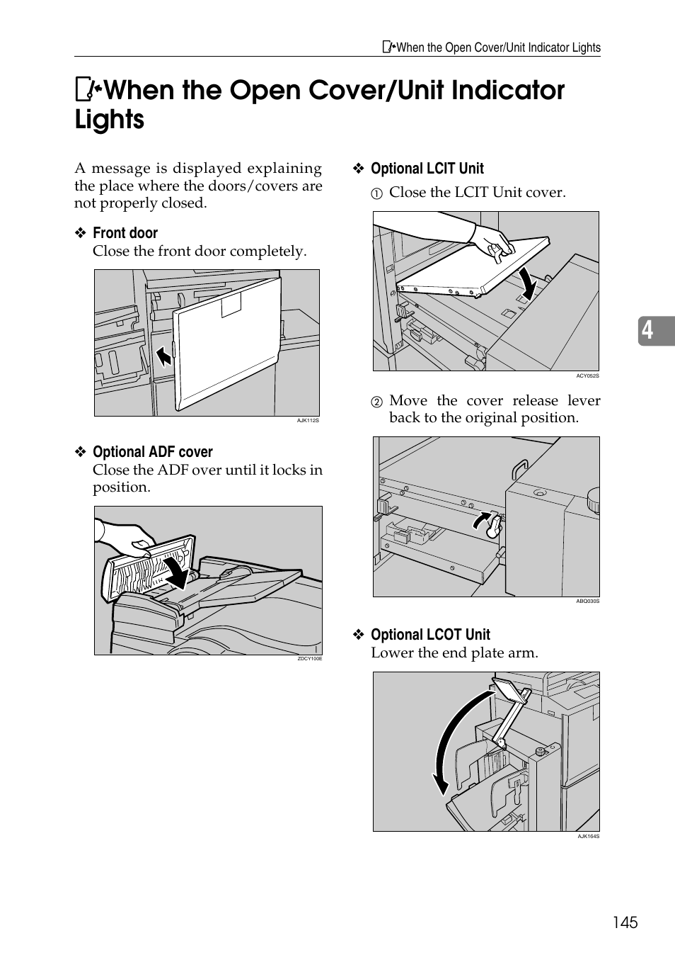 When the open cover/unit indicator lights, M when the open cover/unit indicator lights, 4m when the open cover/unit indicator lights | Ricoh LDD280 User Manual | Page 157 / 204