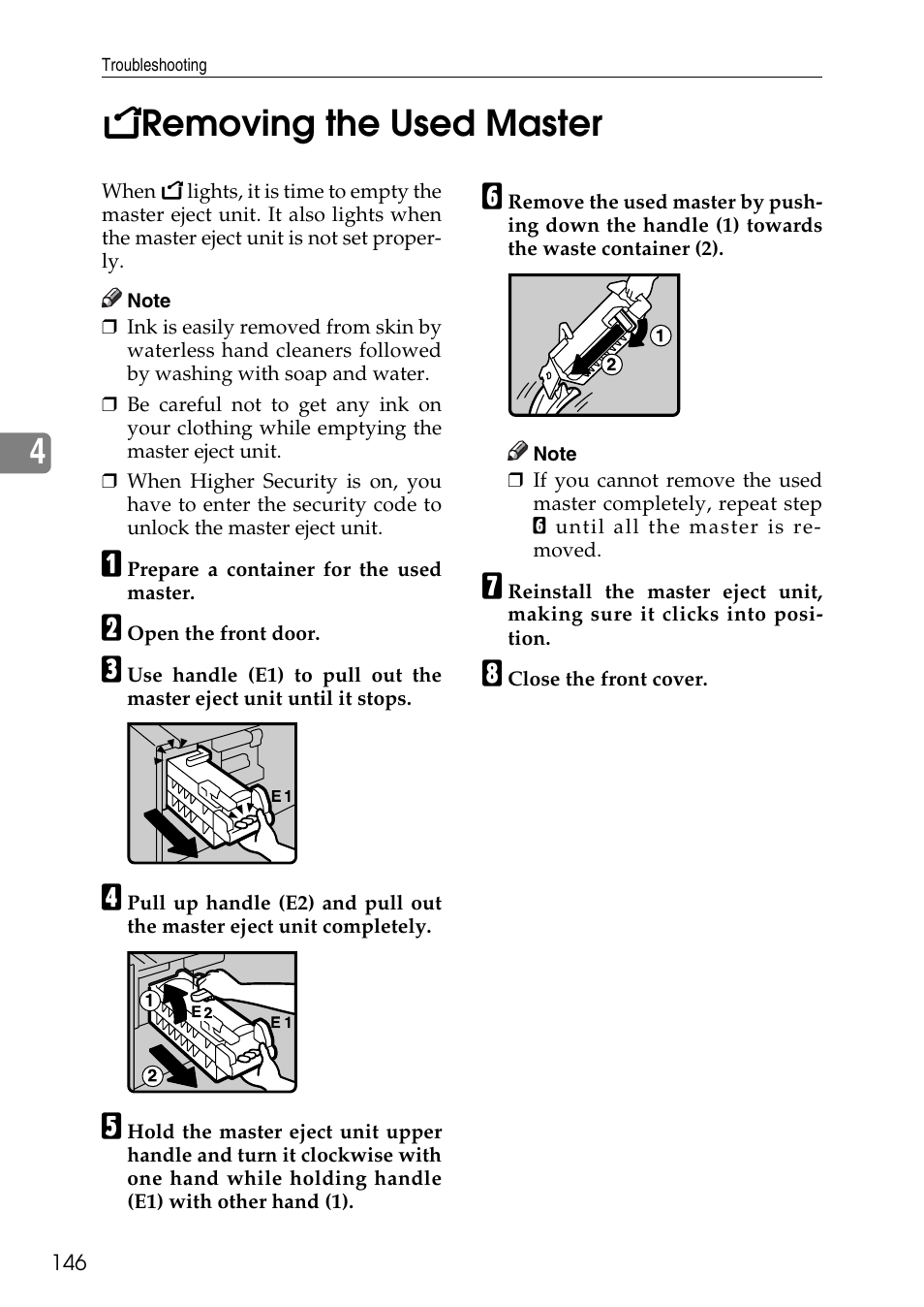 Removing the used master, K removing the used master, E p.146 “kremoving the used master | 4k removing the used master | Ricoh LDD280 User Manual | Page 158 / 204